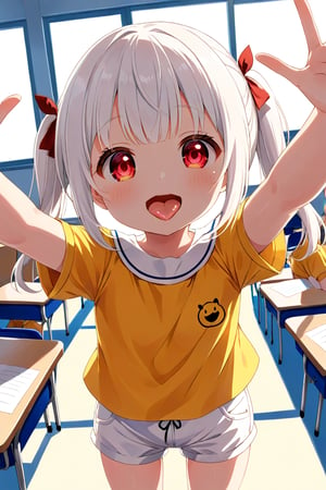 loli , happy face, white hair, red_eyes, twintails, down_view, classroom, yellow shirt, white shorts, sticking_out_tongue, hands_raised