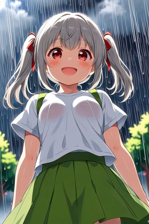 loli , happy face, twintails, gray hair, red_eyes, down_view, rain park, white shirt, green skirt,