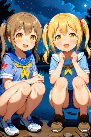 2_girls. loli hypnotized, happy_face, yellow_hair, brown hair, front_view, twin_tails, yellow_eyes, night lake, scout, blue shirt, blue short pants, squatting