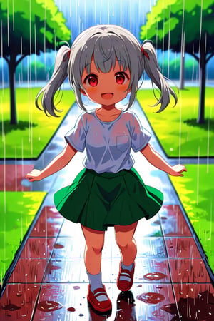 loli , happy face, twintails, gray hair, red_eyes, front_view, rain park, white shirt, green skirt, walking