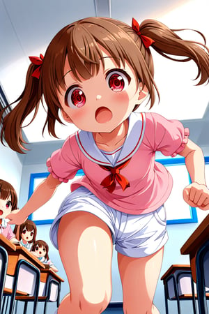 loli , surprise face, brown hair, red_eyes, twintails, down_view, classroom, pink shirt, white shorts, running