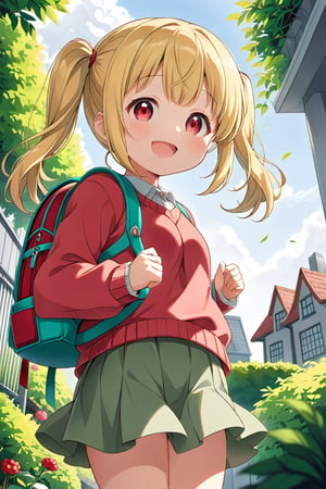 loli, happy face, yellow hair, red_eyes, twintails, down_view, gray garden, green skirt, white shirt, red sweater, pink backpack, 