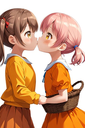 2_girls. loli hypnotized, happy_face, pink_hair, brown hair, side_view, twin_tails, yellow_eyes, basket, orange shirt, orange skirt, kissing