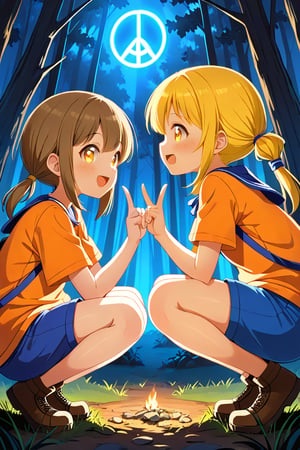 2_girls. loli hypnotized, happy_face, yellow_hair, brown hair, side_view, twin_tails, yellow_eyes, night forest, scout, orange shirt, blue short pants, crouched, peace fingers