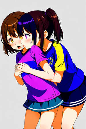 2_girls. loli hypnotized, sad_face, black_hair, brown hair, side_view, twin_tails, yellow_eyes, soccer, purple shirt, gray skirt, sticking_out_tongue, hugging, kissing