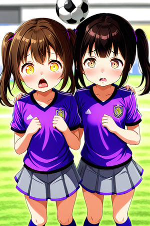 2_girls. loli hypnotized, sad_face, black_hair, brown hair, front_view, twin_tails, yellow_eyes, soccer, purple shirt, gray skirt, sticking_out_tongue, 