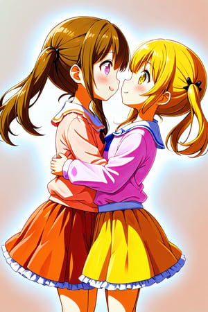 2_girls. loli hypnotized, happy_face, yellow_hair, brown hair, side_view, twin_tails, yellow_eyes, basket, pink shirt, orange skirt, hugging