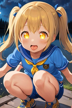 2_girls. loli hypnotized, happy_face, yellow_hair, brown hair, front_view, twin_tails, yellow_eyes, night lake, scout, blue shirt, blue short pants, squatting, sticking_out_tongue