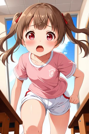 loli , surprise face, brown hair, red_eyes, twintails, down_view, classroom, pink shirt, white shorts, running