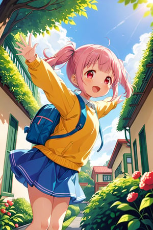 loli, happy face, pink hair, red_eyes, twintails, down_view, green garden, blue skirt, white shirt, yellow sweater, blue backpack, quatting, sticking_out_tongue, arms_raised, 