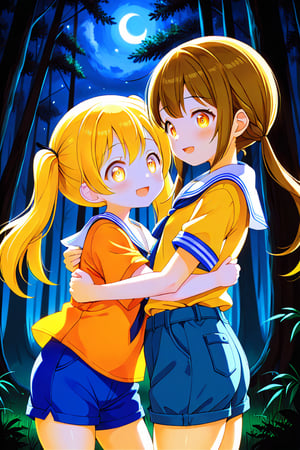 2_girls. loli hypnotized, happy_face, yellow_hair, brown hair, side_view, twin_tails, yellow_eyes, night forest, scout, orange shirt, blue short pants, hugging