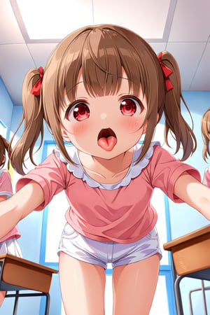 loli , surprise face, brown hair, red_eyes, twintails, down_view, classroom, pink shirt, white shorts, sticking_out_tongue