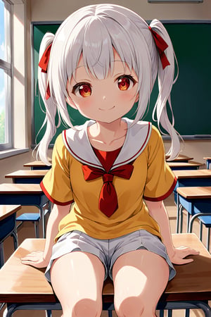 loli , happy face, white hair, red_eyes, twintails, down_view, classroom, yellow shirt, white shorts, sitting