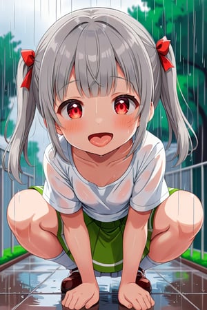 loli , happy face, twintails, gray hair, red_eyes, up_view, rain park, white shirt, green skirt, squatting, sticking_out_tongue, 