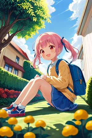 loli, happy face, pink hair, red_eyes, twintails, down_view, green garden, blue skirt, white shirt, yellow sweater, blue backpack, sitting, legs