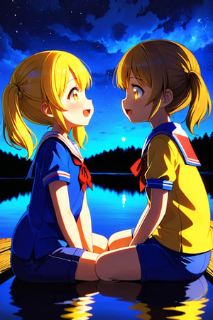 2_girls. loli hypnotized, happy_face, yellow_hair, brown hair, side_view, twin_tails, yellow_eyes, night lake, scout, blue shirt, blue short pants, sitting