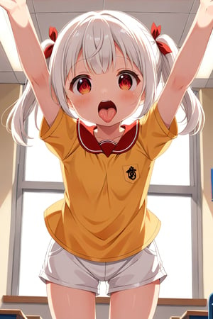 loli , surprise face, white hair, red_eyes, twintails, down_view, classroom, yellow shirt, white shorts, sticking_out_tongue, hands_raised