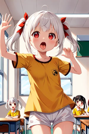 loli , surprise face, white hair, red_eyes, twintails, down_view, classroom, yellow shirt, white shorts, sticking_out_tongue, hands_raised