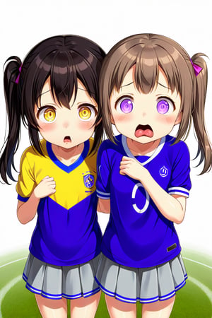 2_girls. loli hypnotized, sad_face, black_hair, brown hair, front_view, twin_tails, yellow_eyes, soccer, purple shirt, gray skirt, sticking_out_tongue, arms_raised