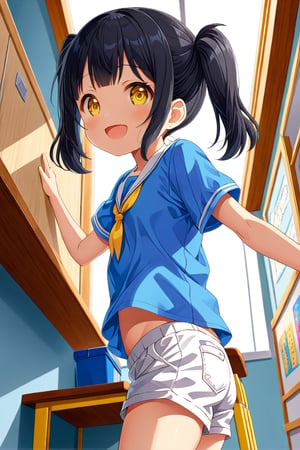 loli , happy face, black hair, yellow_eyes, twintails, down_view, classroom, blue shirt, white shorts, climbing