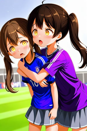 2_girls. loli hypnotized, sad_face, black_hair, brown hair, side_view, twin_tails, yellow_eyes, soccer, purple shirt, gray skirt, sticking_out_tongue, hugging, 