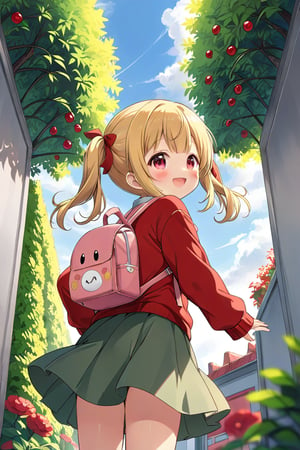 loli, happy face, yellow hair, red_eyes, twintails, down_view, gray garden, green skirt, white shirt, red sweater, pink backpack, 