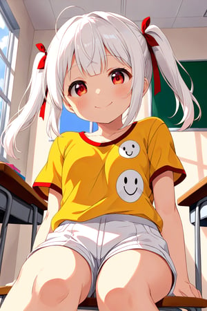 loli , happy face, white hair, red_eyes, twintails, down_view, classroom, yellow shirt, white shorts, sitting