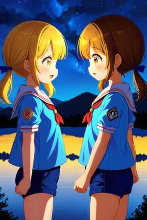 2_girls. loli hypnotized, happy_face, yellow_hair, brown hair, side_view, twin_tails, yellow_eyes, night lake, scout, blue shirt, blue short pants, 