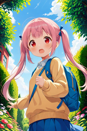 loli, surprise face, pink hair, red_eyes, twintails, down_view, green garden, blue skirt, white shirt, yellow sweater, blue backpack