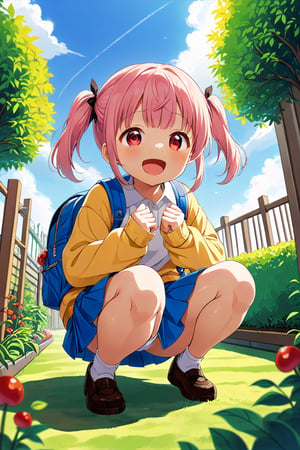 loli, happy face, pink hair, red_eyes, twintails, down_view, green garden, blue skirt, white shirt, yellow sweater, blue backpack, squatting, sticking_out_tongue, arms_raised, 