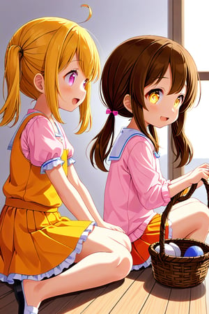 2_girls. loli hypnotized, happy_face, yellow_hair, brown hair, side_view, twin_tails, yellow_eyes, basket, pink shirt, orange skirt, sitting