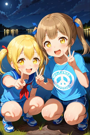 2_girls. loli hypnotized, happy_face, yellow_hair, brown hair, front_view, twin_tails, yellow_eyes, night lake, scout, blue shirt, blue short pants, squatting, peace fingers, tongue