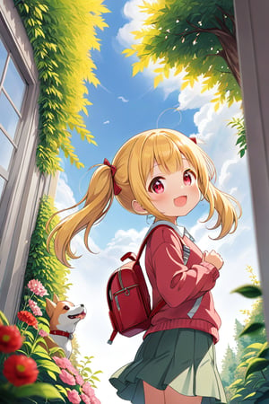 loli, happy face, yellow hair, red_eyes, twintails, down_view, gray garden, green skirt, white shirt, red sweater, pink backpack, dog_pose