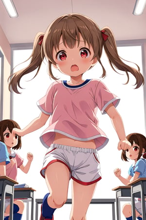 loli , surprise face, brown hair, red_eyes, twintails, down_view, classroom, pink shirt, white shorts, running