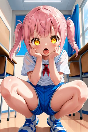 loli , surprise face, pink hair, yellow_eyes, twintails, down_view, classroom, white shirt, blue shorts, squatting, legs_spread, sticking_out_tongue