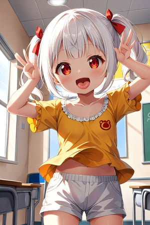 loli , happy face, white hair, red_eyes, twintails, down_view, classroom, yellow shirt, white shorts, sticking_out_tongue, hands_raised