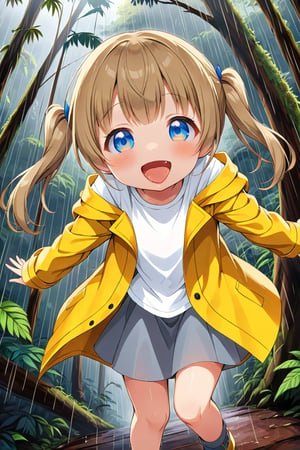 loli , happy face, twintails, yellow brown hair, blue_eyes, down_view, rain forest, white shirt, gray skirt, yellow raincoat, sticking_out_tongue