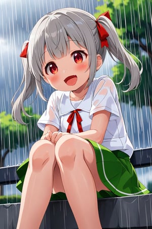 loli , happy face, twintails, gray hair, red_eyes, down_view, rain park, white shirt, green skirt, sitting, sticking_out_tongue, 