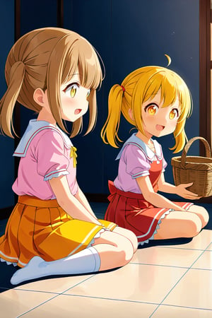 2_girls. loli hypnotized, happy_face, yellow_hair, brown hair, side_view, twin_tails, yellow_eyes, basket, pink shirt, orange skirt, sitting