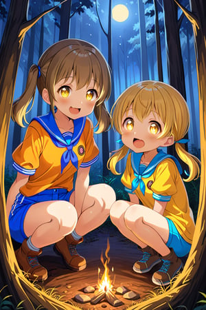 2_girls. loli hypnotized, happy_face, yellow_hair, brown hair, front_view, twin_tails, yellow_eyes, night forest, scout, orange shirt, blue short pants, squating, sticking_out_tongue