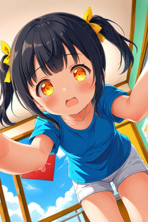 loli , surprise face, black hair, yellow_eyes, twintails, down_view, classroom, blue shirt, white shorts, climbing