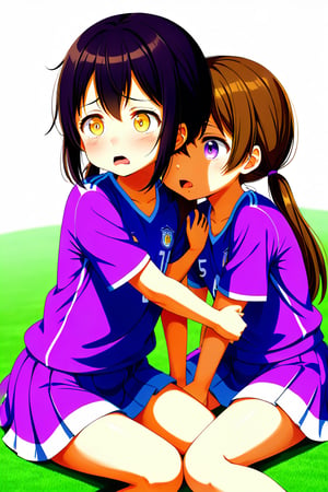 2_girls. loli hypnotized, sad_face, black_hair, brown hair, side_view, twin_tails, yellow_eyes, soccer, purple shirt, gray skirt, sticking_out_tongue, hugging, sitting