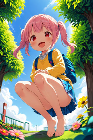 loli, happy face, pink hair, red_eyes, twintails, down_view, green garden, blue skirt, white shirt, yellow sweater, blue backpack, sitting, legs_spread, sticking_out_tongue, arms_raised, 