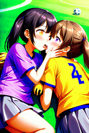2_girls. loli hypnotized, sad_face, black_hair, brown hair, side_view, twin_tails, yellow_eyes, soccer, purple shirt, gray skirt, sticking_out_tongue, hugging, lying