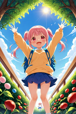 loli, happy face, pink hair, red_eyes, twintails, down_view, green garden, blue skirt, white shirt, yellow sweater, blue backpack, quatting, sticking_out_tongue, arms_raised, 