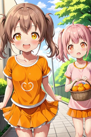 2_girls. loli hypnotized, happy_face, pink_hair, brown hair, front_view, twin_tails, yellow_eyes, basket, orange shirt, orange skirt, 