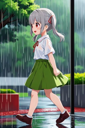 loli , happy face, twintails, gray hair, red_eyes, side_view, rain park, white shirt, green skirt, walking