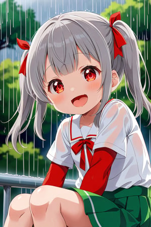 loli , happy face, twintails, gray hair, red_eyes, down_view, rain park, white shirt, green skirt, sitting, sticking_out_tongue, 