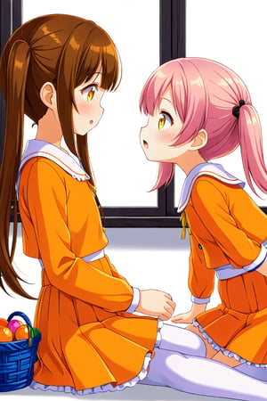 2_girls. loli hypnotized, happy_face, pink_hair, brown hair, side_view, twin_tails, yellow_eyes, basket, orange shirt, orange skirt, sitting, kissing