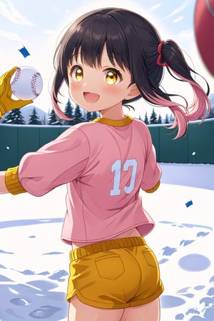 loli, happy face, black hair, yellow_eyes, back_view, snow baseball, pink hair, yellow shirt, brown yellow shorts, throwing balls